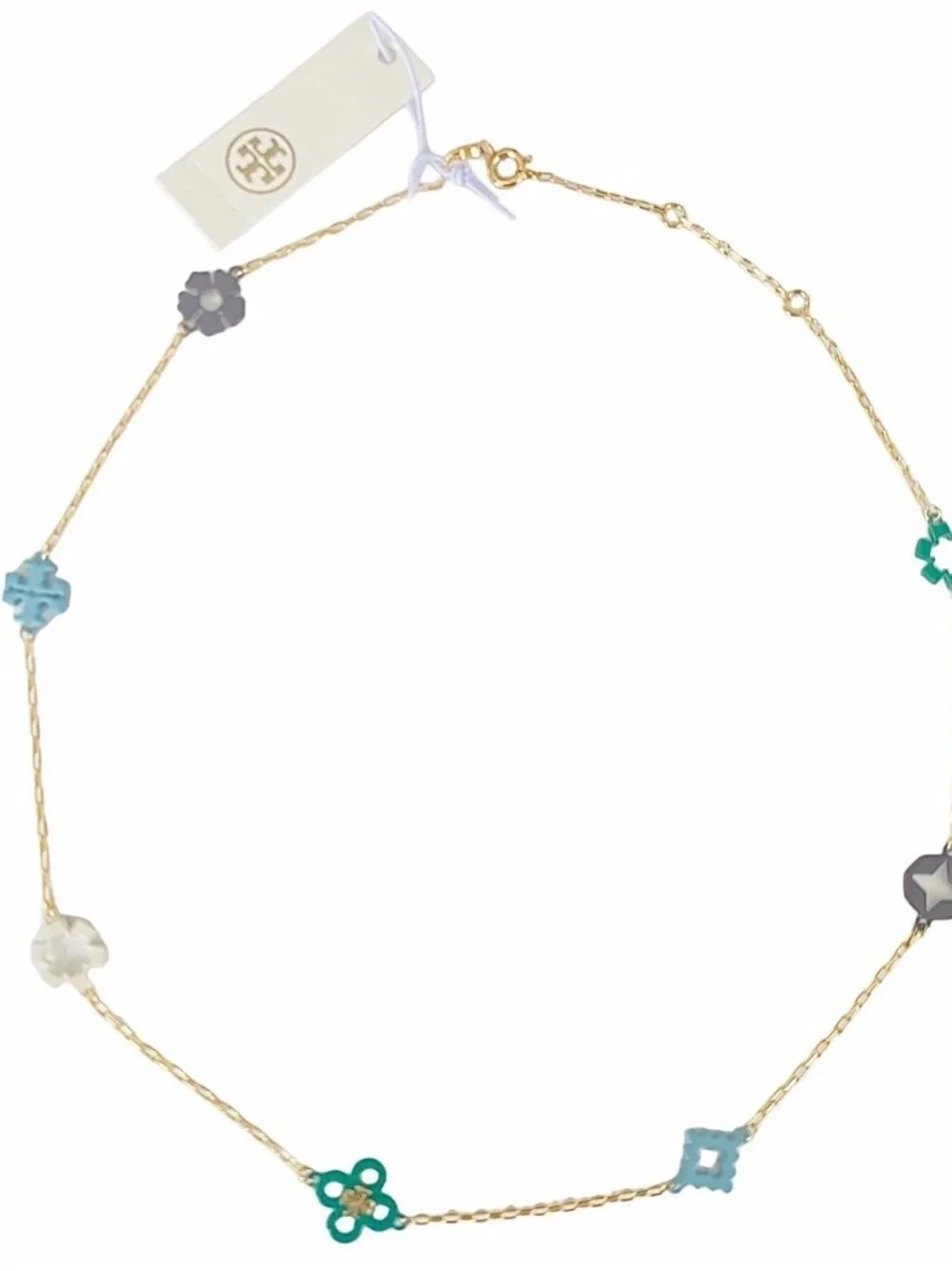 NWT Tory Burch Kira Enamel Charm Necklace in Gold w/ Green & Blue Accents
